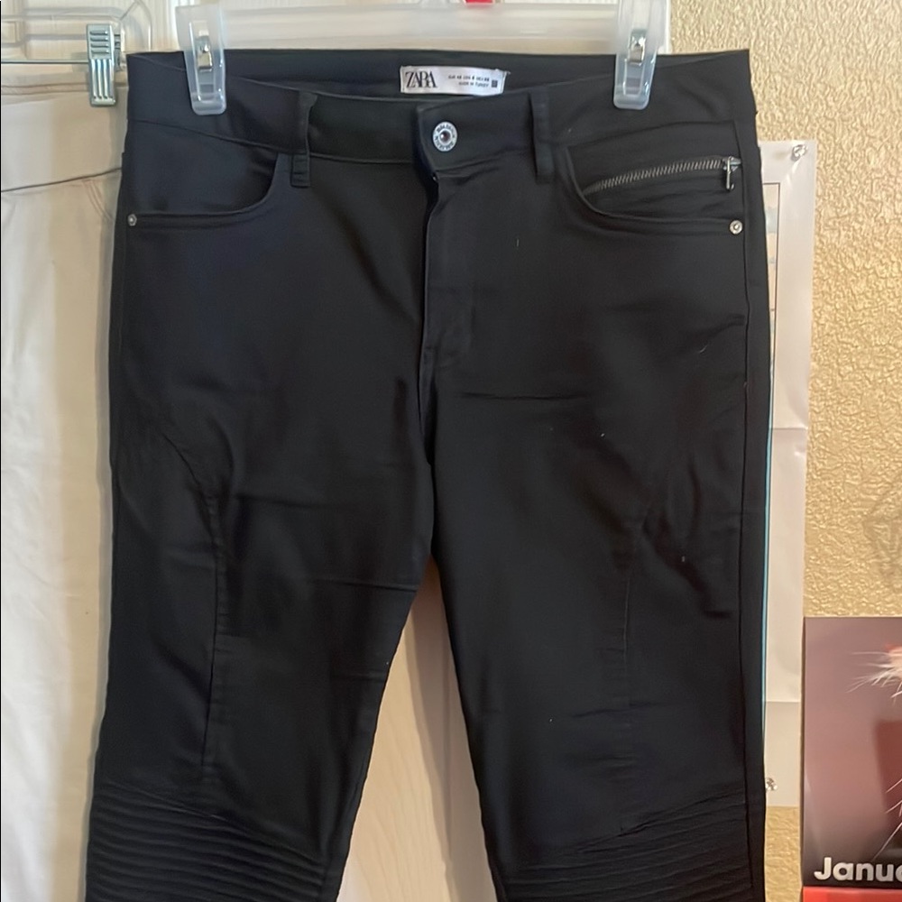 Zara DARK Black Slim-Fit Trousers with Pocket Zipper